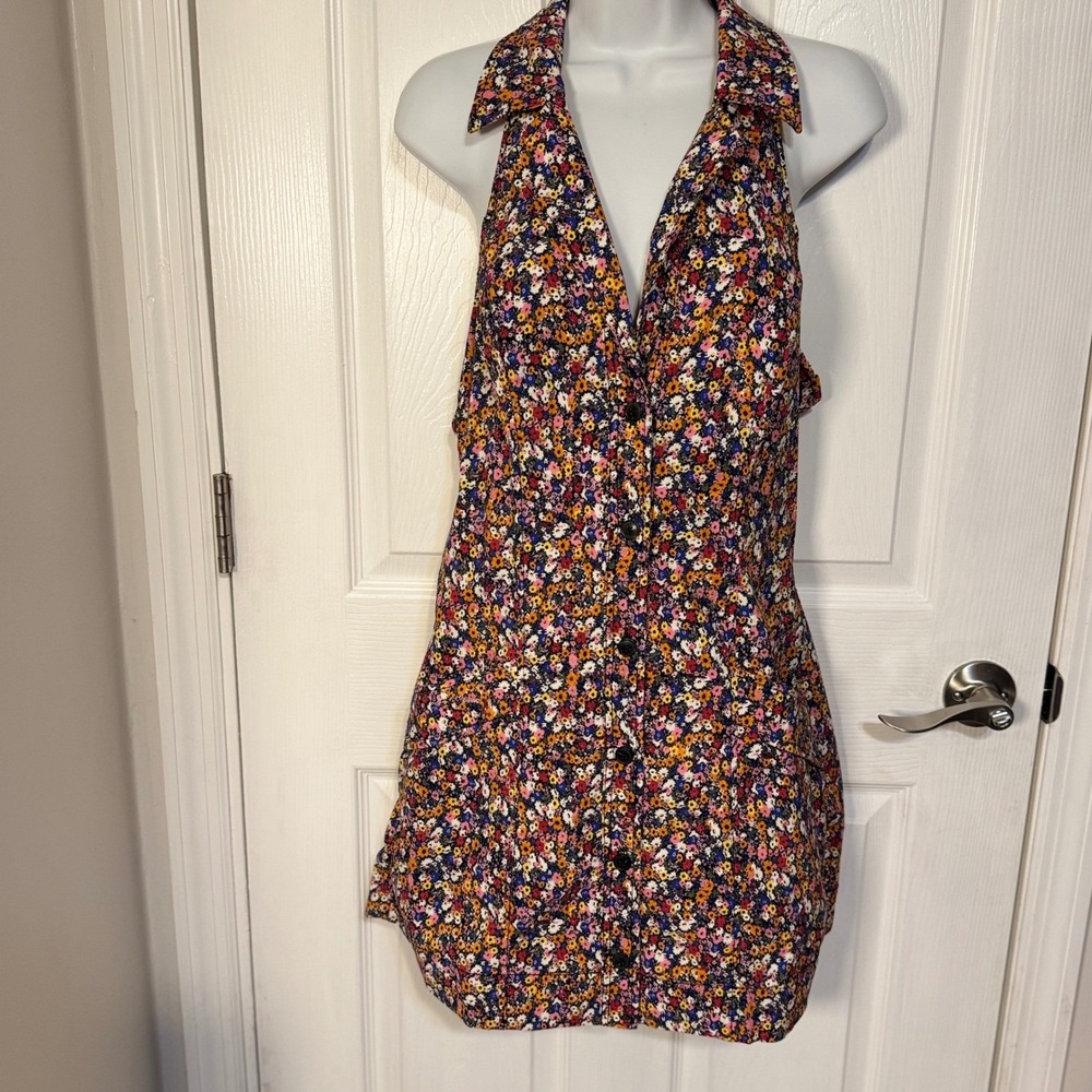 Maeve Anthropologie Floral Halter Dress Multi Color Ditsy Daisy Mini side zip